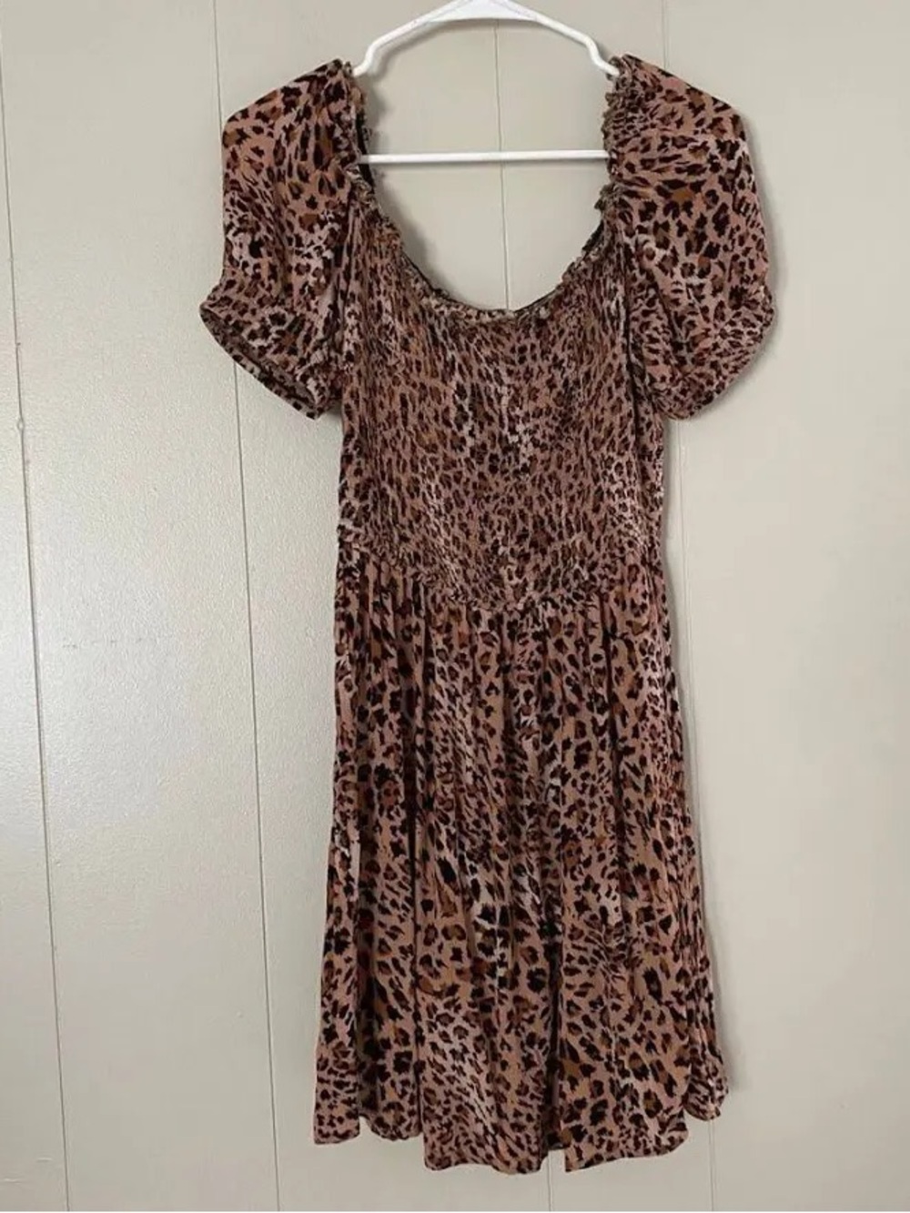 Express Smocked Puff Sleeve Mini Leopard Dress